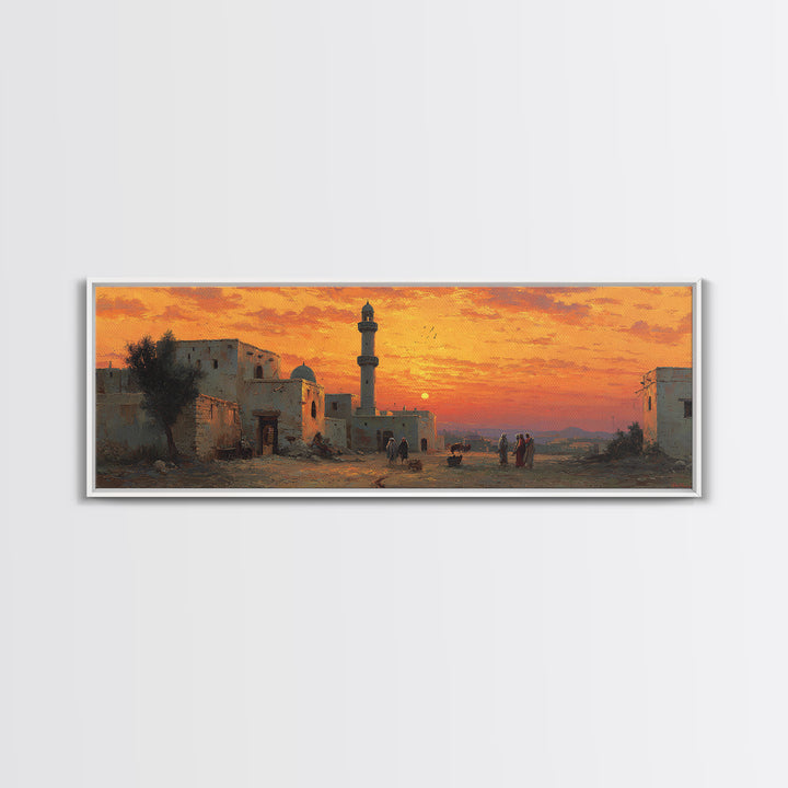 Stunning Sunset Over Desert Village With Minaret Oil Painting Warm Landscape Wall Art Framed Canvas Print For Home And Office