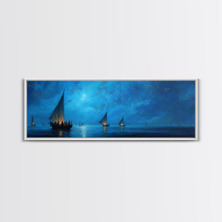 Fantasy Dusk Scene Sailing Boats On Calm Sea Under Moonlight Stunning Landscape Oil Painting Framed Canvas Print for Bedroom Wall Art
