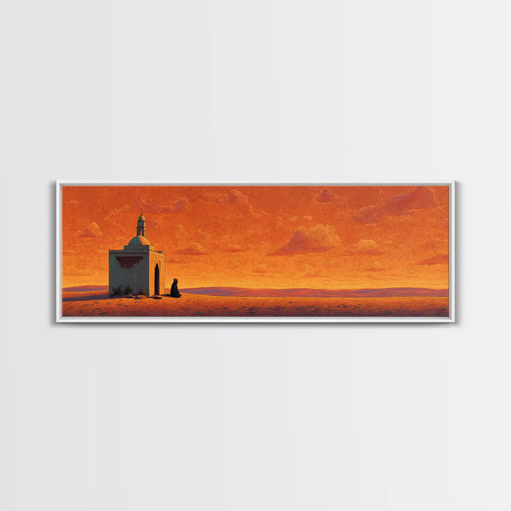 Orange Desert Mosque At Sunset Wall Art, Islamic Landscape Print, Panoramic Canvas, Prayer Room Decor, Warm Earth Tone Home Decor
