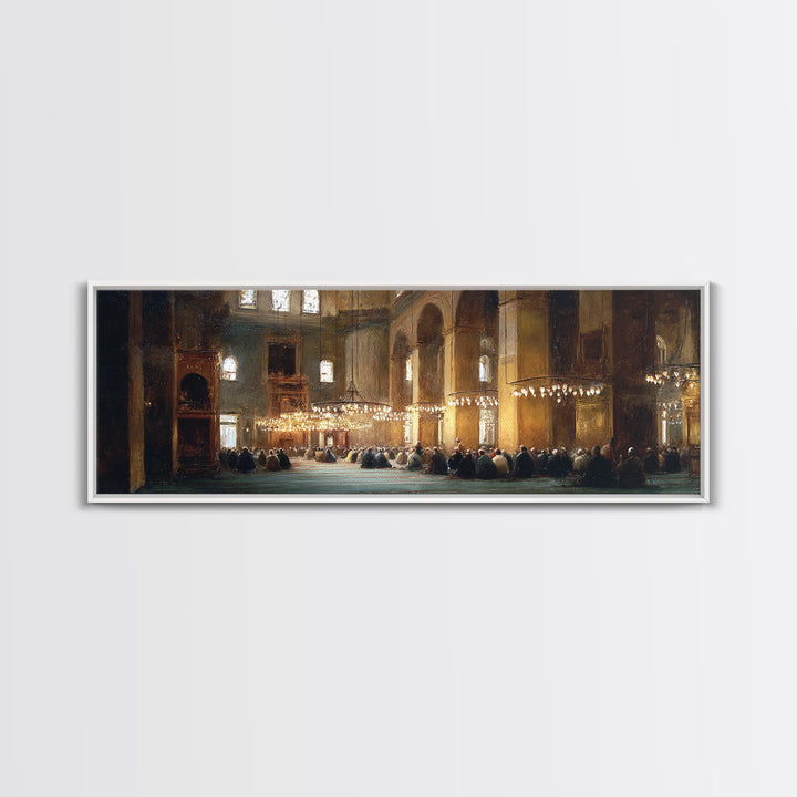 Classic Church Interior Worshipers Praying Under Chandeliers Religious Wall Art Framed Canvas Print