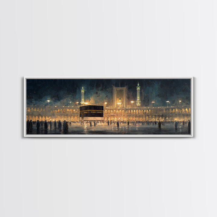 Nighttime Pilgrimage At Sacred Mosque With Glowing Lights And Worshippers Canvas Print