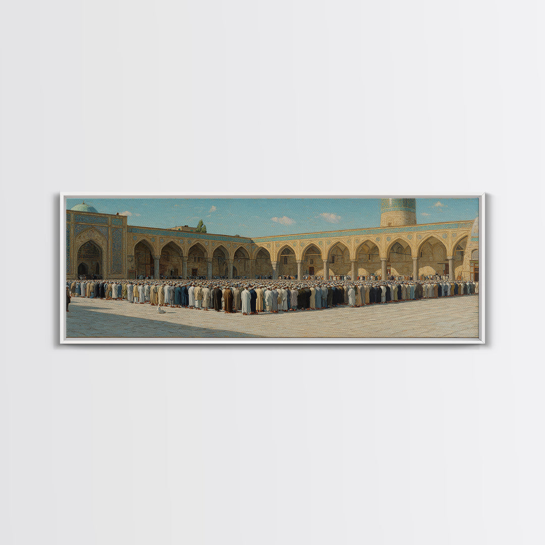 Traditional Islamic Prayer Scene Wall Art Depicting Worshippers in Mosque Courtyard Framed Canvas Print For Spiritual Home Decor