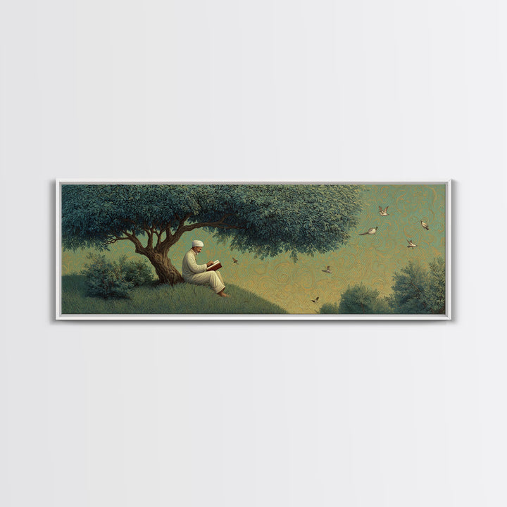 Peaceful Man Reading Under Lush Tree With Flying Birds Scenic Wall Art Canvas Print For Home Decor