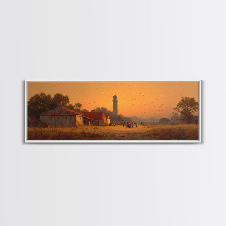 Serene Village Sunset Landscape Painting With Historic Mosque Tower Capturing Peace And Tradition Wall Art