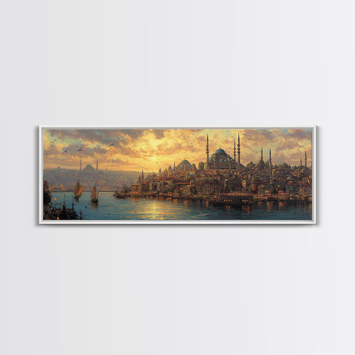 Sunset Over Istanbul Panorama With Historic Sultan Mosque And Boats In Golden Light Wall Art Modern Home Decor