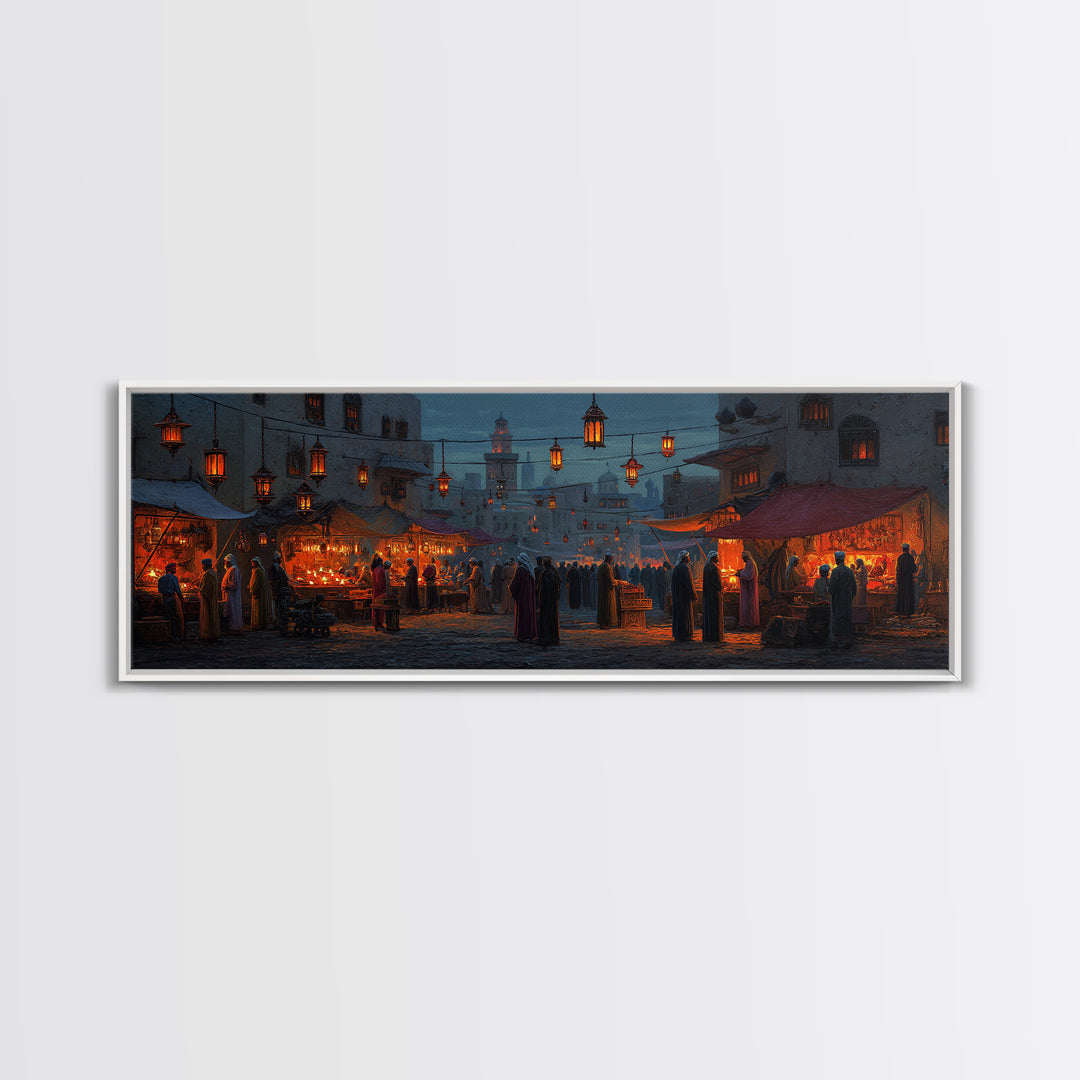 Warm and Lively Market Scene in Middle Eastern Style Oil Painting with Lanterns and Crowds Canvas Print