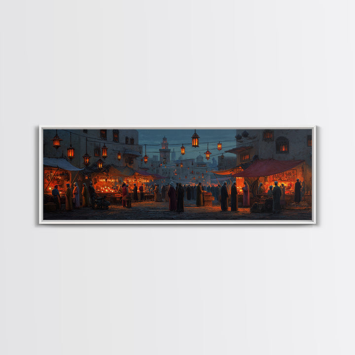 Warm and Lively Market Scene in Middle Eastern Style Oil Painting with Lanterns and Crowds Canvas Print