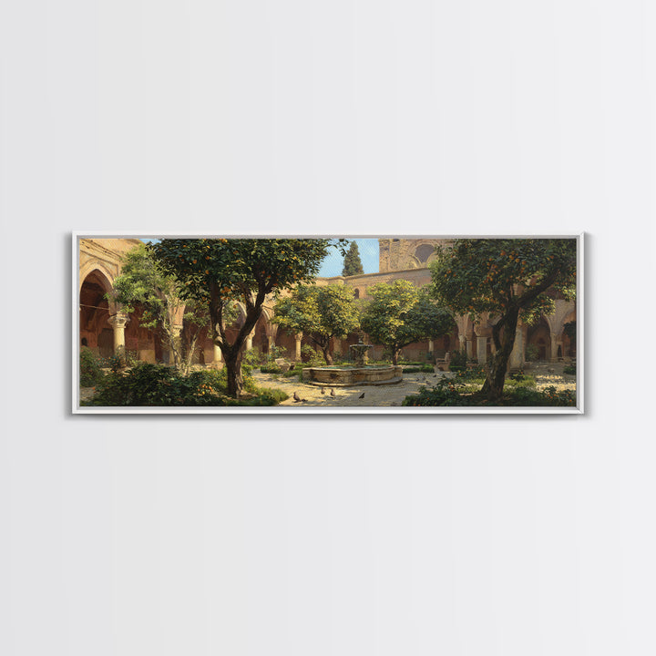Sunny Courtyard With Orange Trees And Fountain, Classic European Garden Oil Painting Wall Art Print, Large Framed Canvas Print For Home