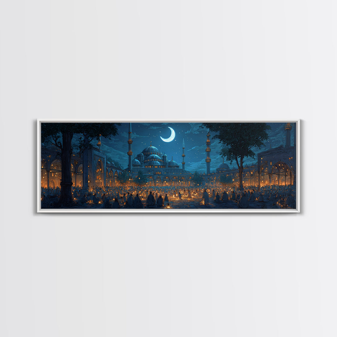 Serene Nighttime Mosque With Illuminated Lanterns And Crescent Moon Wall Art Framed Canvas Print For Spiritual Home Decor