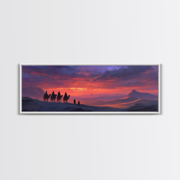 Dramatic Desert Caravan With Camels Traveling At Sunset Landscape Wall Art For Living Room Cozy Home Decor Framed Canvas Print