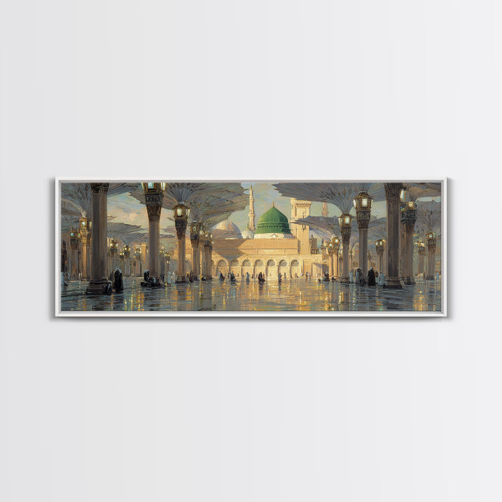 Ornate Mosque Interior With Illuminated Columns And Green Dome Wall Art Canvas Print Featuring Traditional Islamic Architecture And Spiritual Ambiance