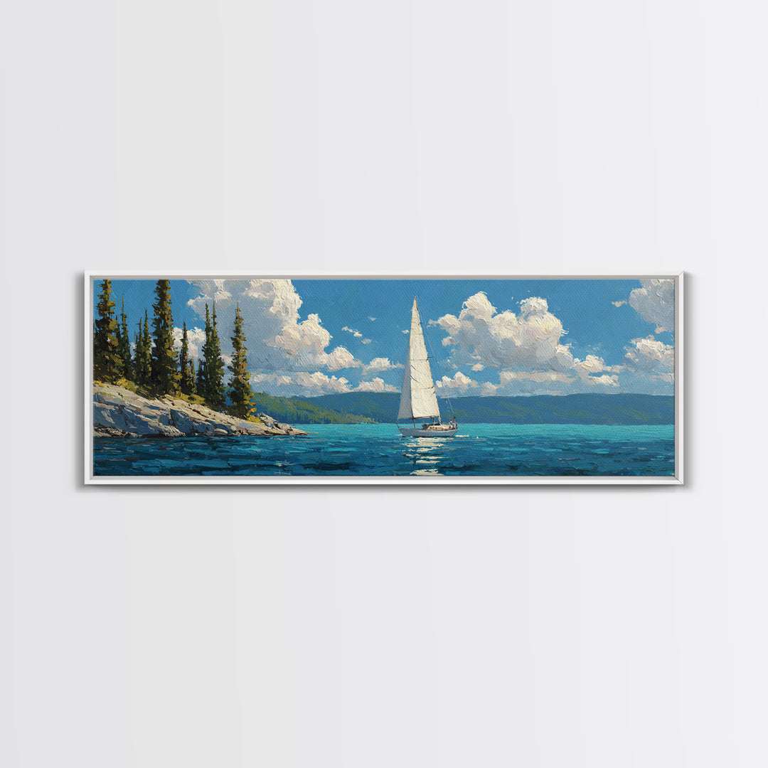 Sailboat At Sea Blue Water Maritime Painting Canvas Print Wall Art For Coastal Home Decor And Nautical Wall Decoration