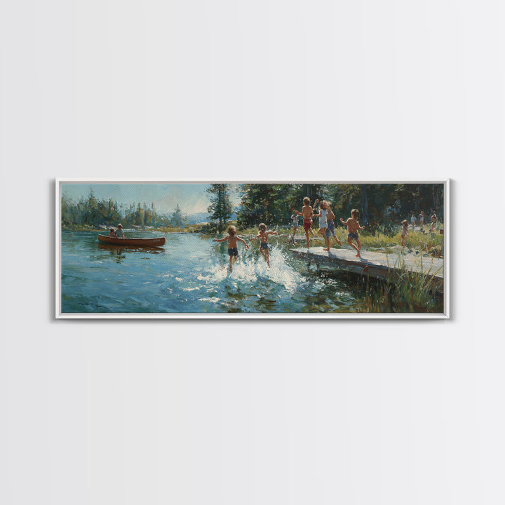 Oil Painting Of Children Playing Near Dock By Lake At Sunset Colorful Nature Wall Art Canvas Print