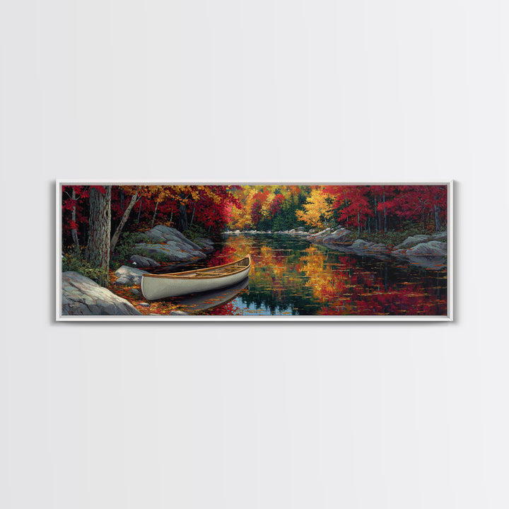 Peaceful Autumn River Scene With Canoe In Fall Colors Landscape Painting Framed Canvas Print Tranquil Nature Wall Art Gift