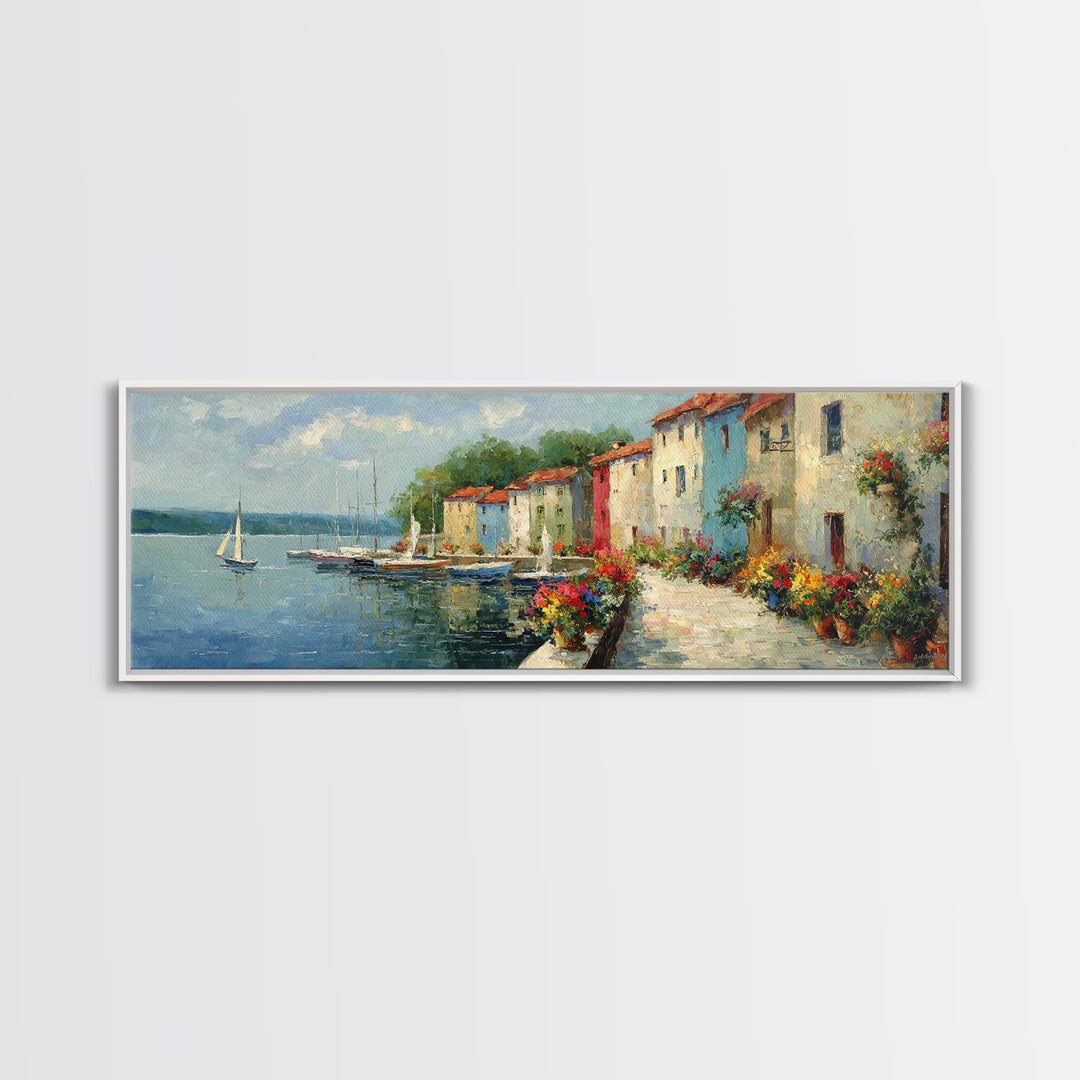 Classic Mediterranean Coastal Village With Colorful Buildings And Boats Oil Painting Canvas Print For Rustic Wall Art