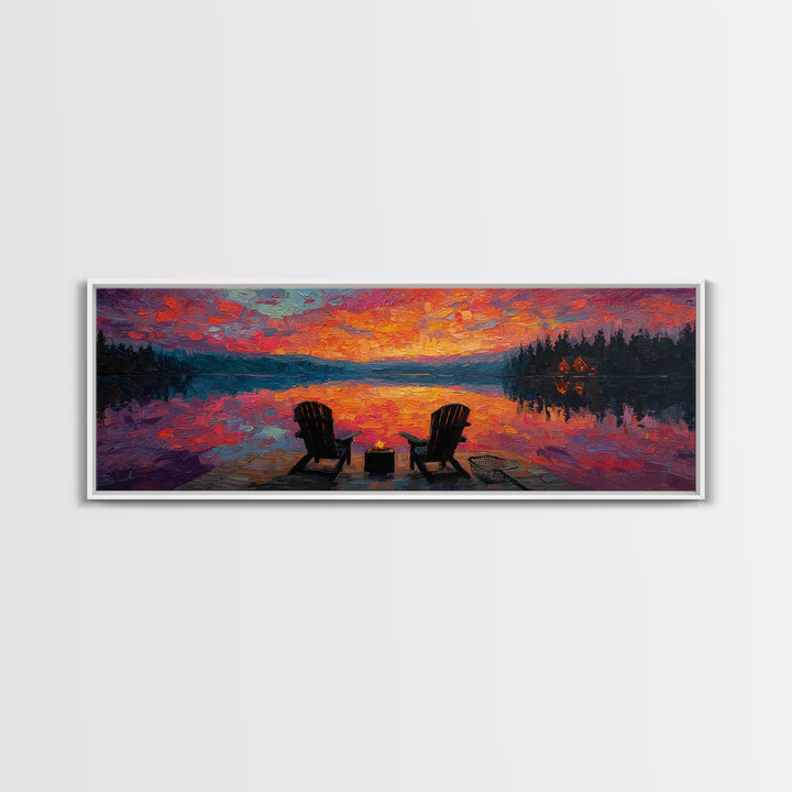 Rustic Sunset Lake Scene With Empty Chairs And Fire Pit Oil Painting Wall Art Framed Canvas Print
