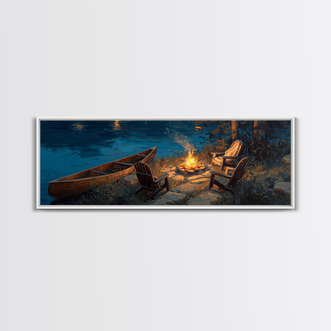 Tranquil Lakeside Campfire Scene With Chairs And Canoe Wall Art Canvas Print For Cozy Home Decor Rustic Bedroom Gift Ideas