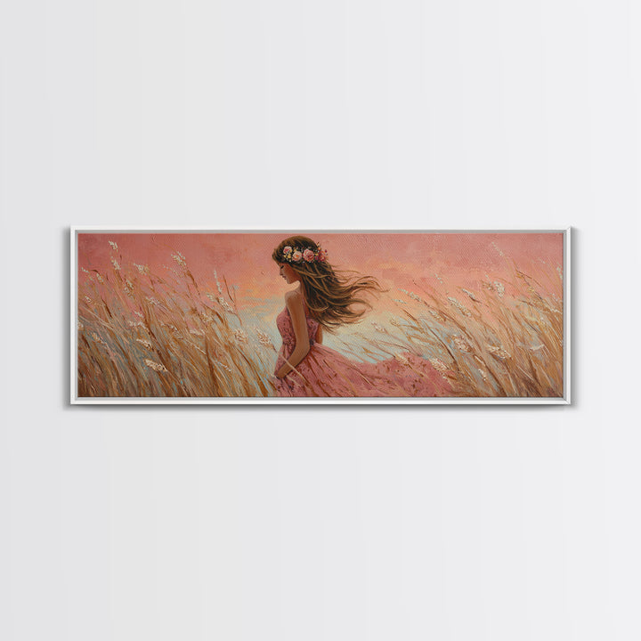 Boho Girl In Pink Dress Through Golden Wheat Field Canvas Print, Feminine Wall Art, Romantic Bedroom Decor, Housewarming Gift For Her