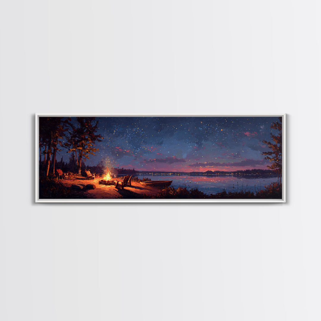 Serene Lakeside Campfire Under Starry Night Sky Wall Art Framed Canvas Print Cozy Outdoor Home Decor