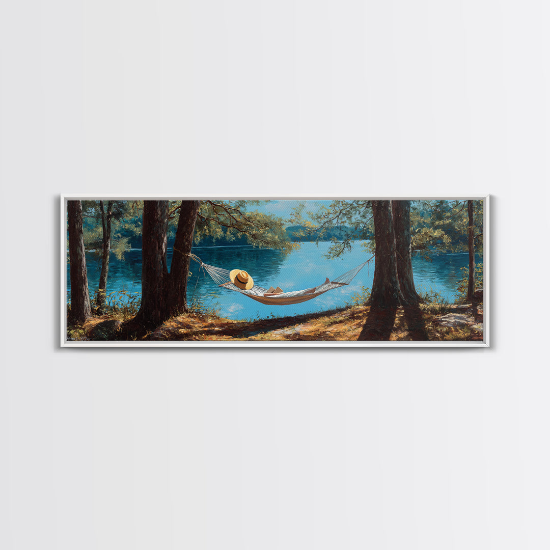 Peaceful Lake Scene With Person Reading In Hammock Among Trees Wall Art Framed Canvas Print For Relaxing Home Decor