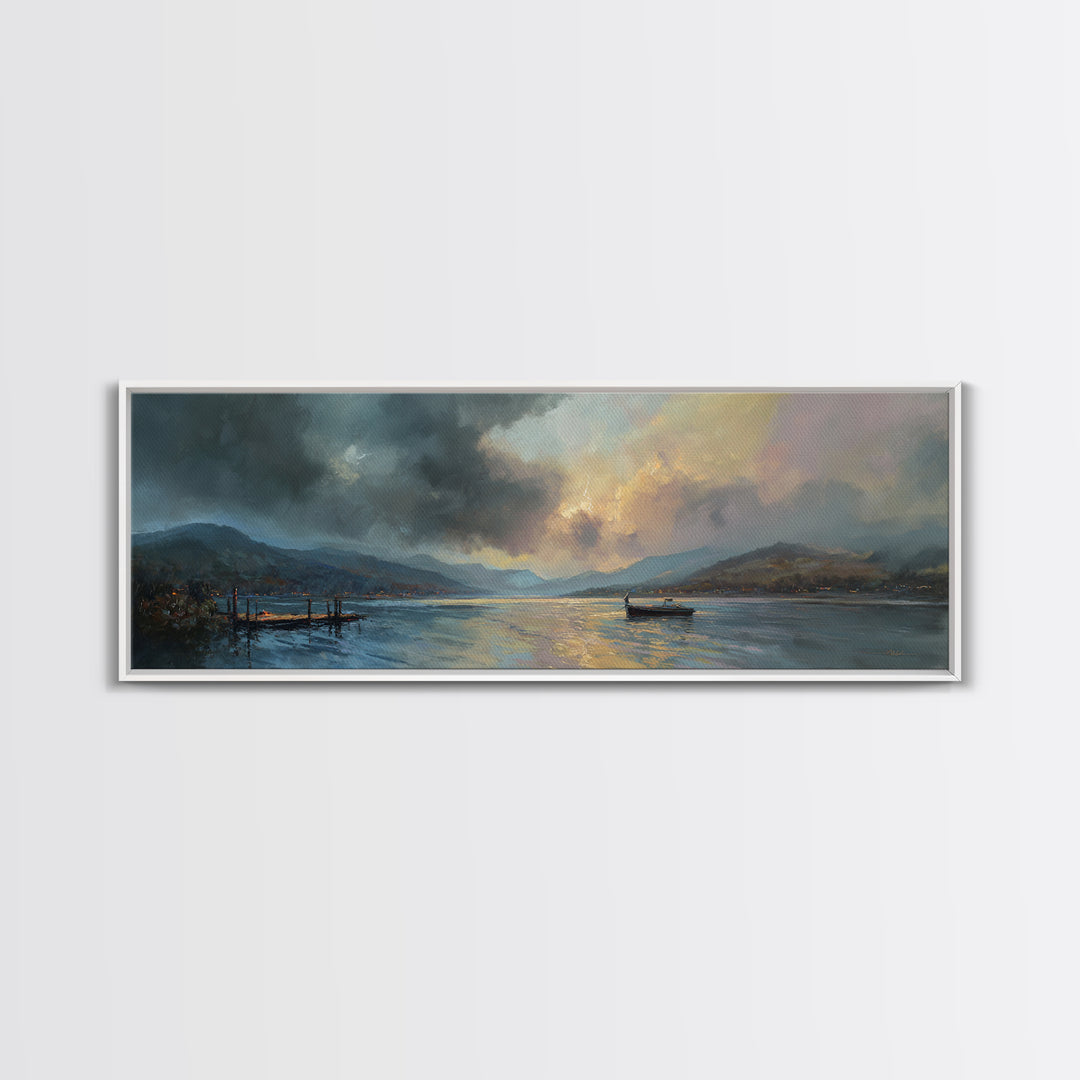 Atmospheric Lake At Dusk With Glowing Sky And Mountain Silhouette Canvas Print Modern Landscape Wall Art For Elegant Home Decor