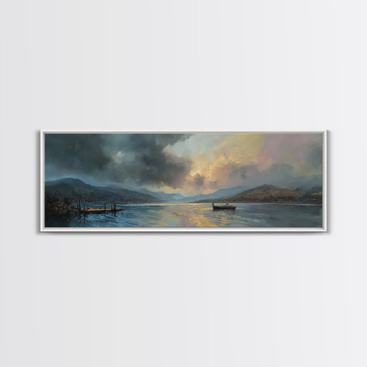 Atmospheric Lake At Dusk With Glowing Sky And Mountain Silhouette Canvas Print Modern Landscape Wall Art For Elegant Home Decor