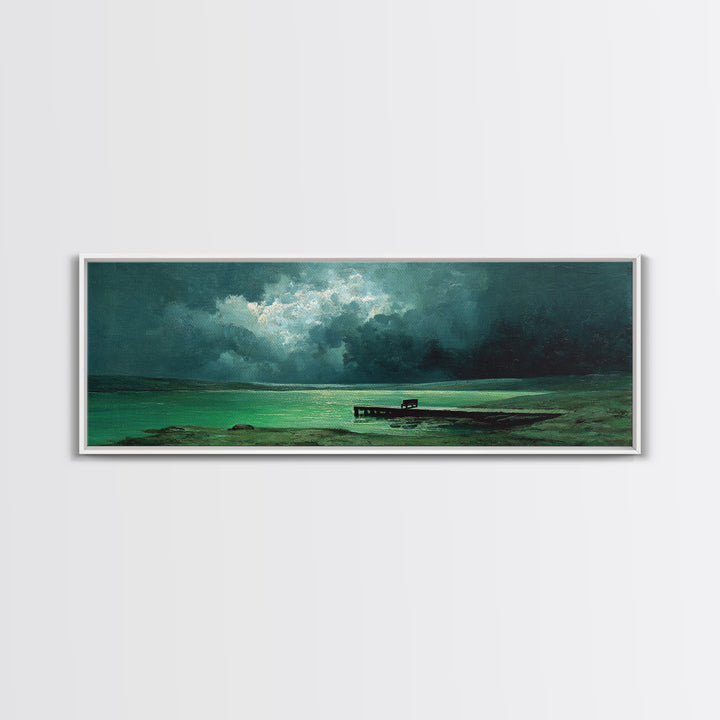 Moody Green Lakeside Dock Morning Mist Oil Landscape Painting Wall Art Canvas Print For Forest And Nature Home Decor