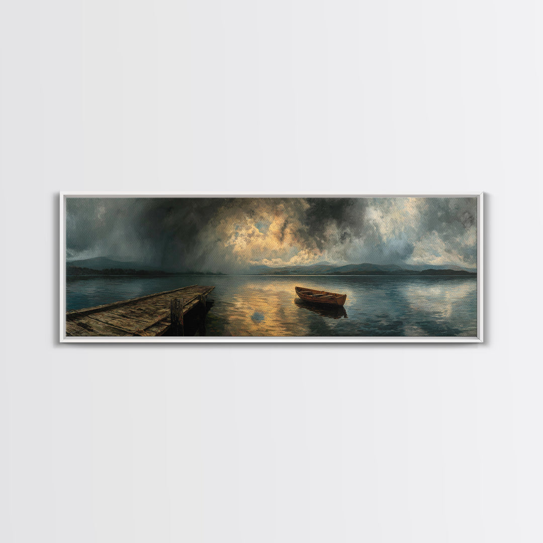 Misty Lake With Old Rowboat Wooden Dock Peaceful Landscape Print - Canvas Print, Nature Wall Art, Rustic Home Decor, Living Room Art, Gift