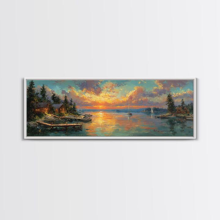 Vibrant Sunset Harbor Scene With Sailing Boats And Illuminated Dock Landscape Wall Art For Living Room And Coastal Home Decor Canvas Print
