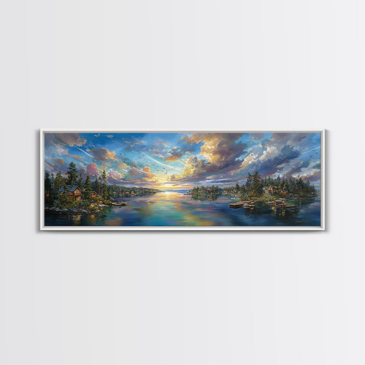 Serene Sunset Landscape Painting Wall Art Framed Canvas Print Vibrant Nature Scene With Lake And Mountains Home Decor