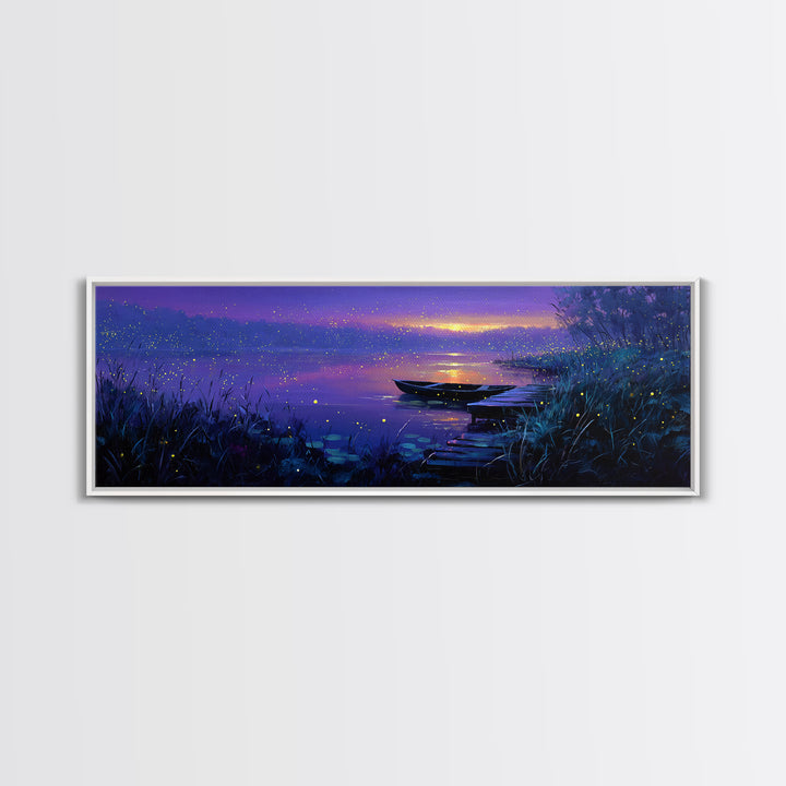 Serene Nighttime Lake Scene With Boat And Fireflies Peaceful Landscape Wall Art Canvas Print