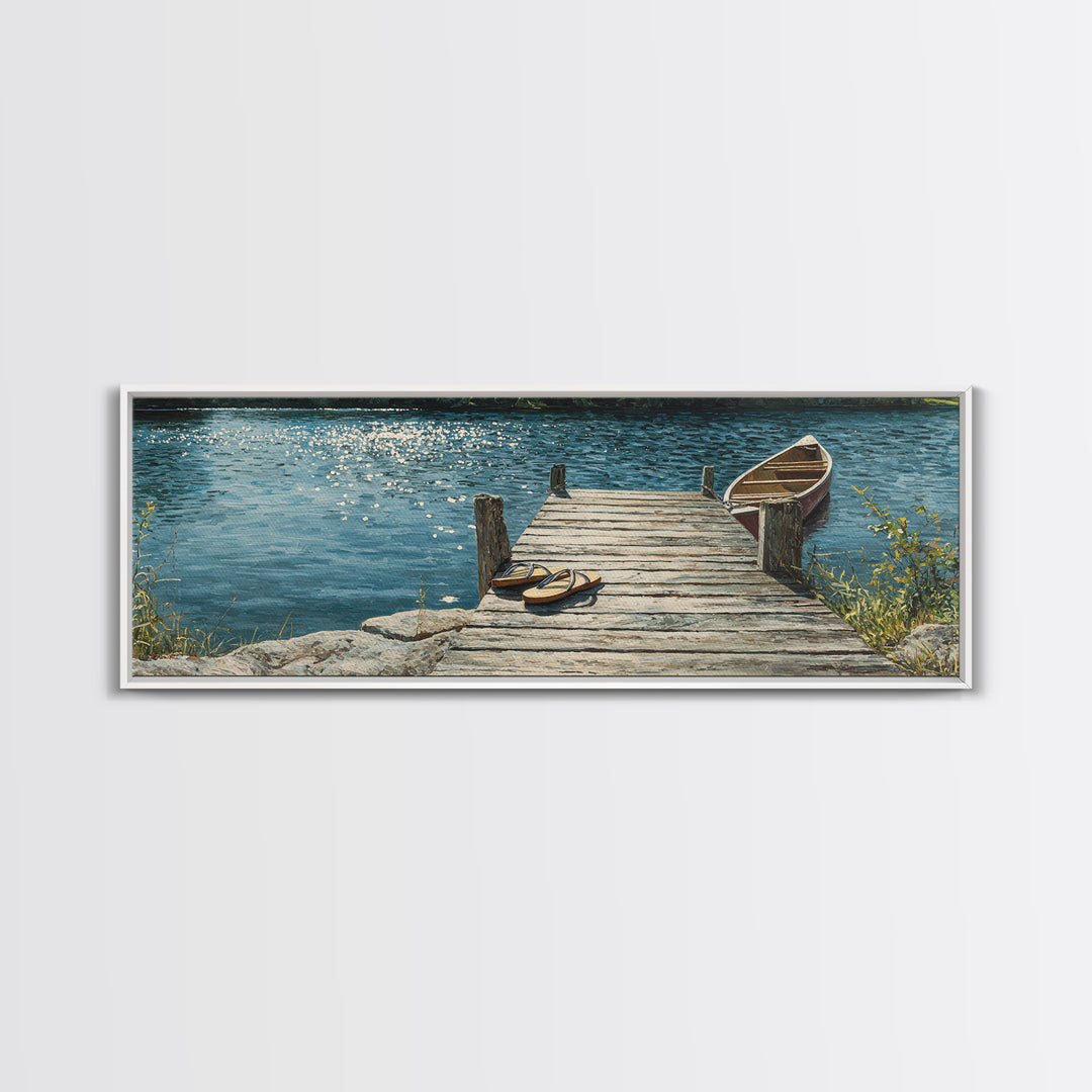 Rustic Lakeside Dock With Flip Flops Oil Painting Wall Art Framed Canvas Print Featuring Serene Water Scene And Cozy Summer Vibes