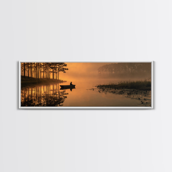 Peaceful Fisherman On Misty Lake At Sunrise Nature Wall Art Canvas Print For Tranquil Living Room Decor