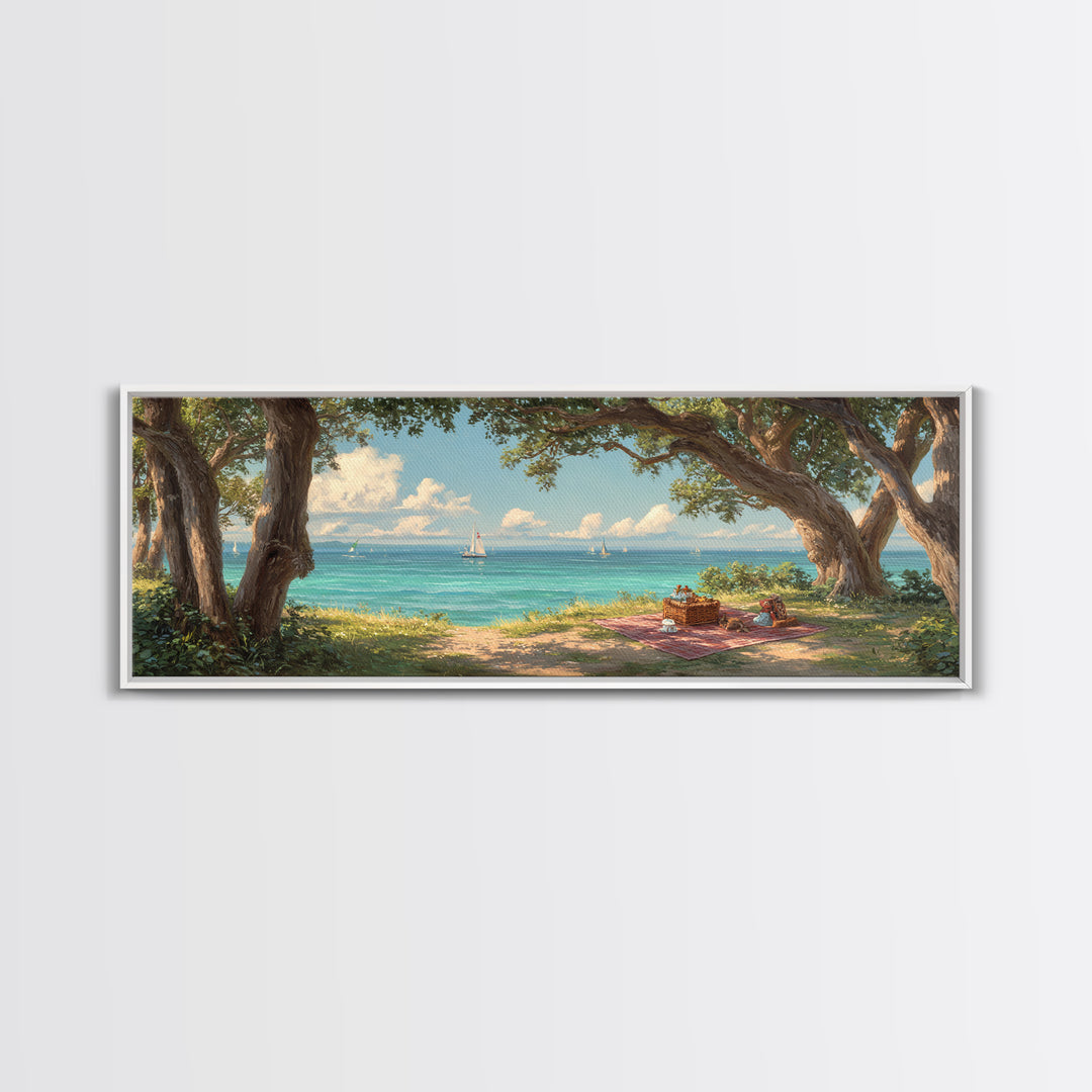 Coastal Picnic Scene With Tranquil Blue Ocean And Sailboats Under Trees - Serene Wall Art Framed Canvas Print For Home Decor