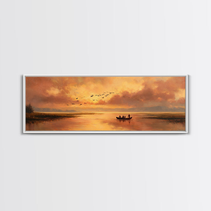 Majestic Canvas Print Featuring Golden Light Over Calm River With Silhouetted Boat Serene Landscape Art For Living Room Home Decor And Tranquil Spaces