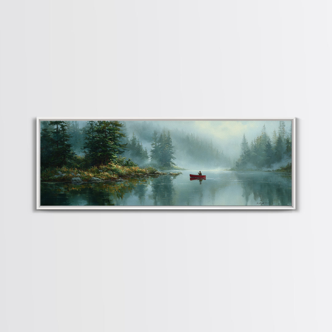 Peaceful Canoeist On Misty River Reflecting Mountain Landscape Wall Art Fine Art Canvas Print For Living Room