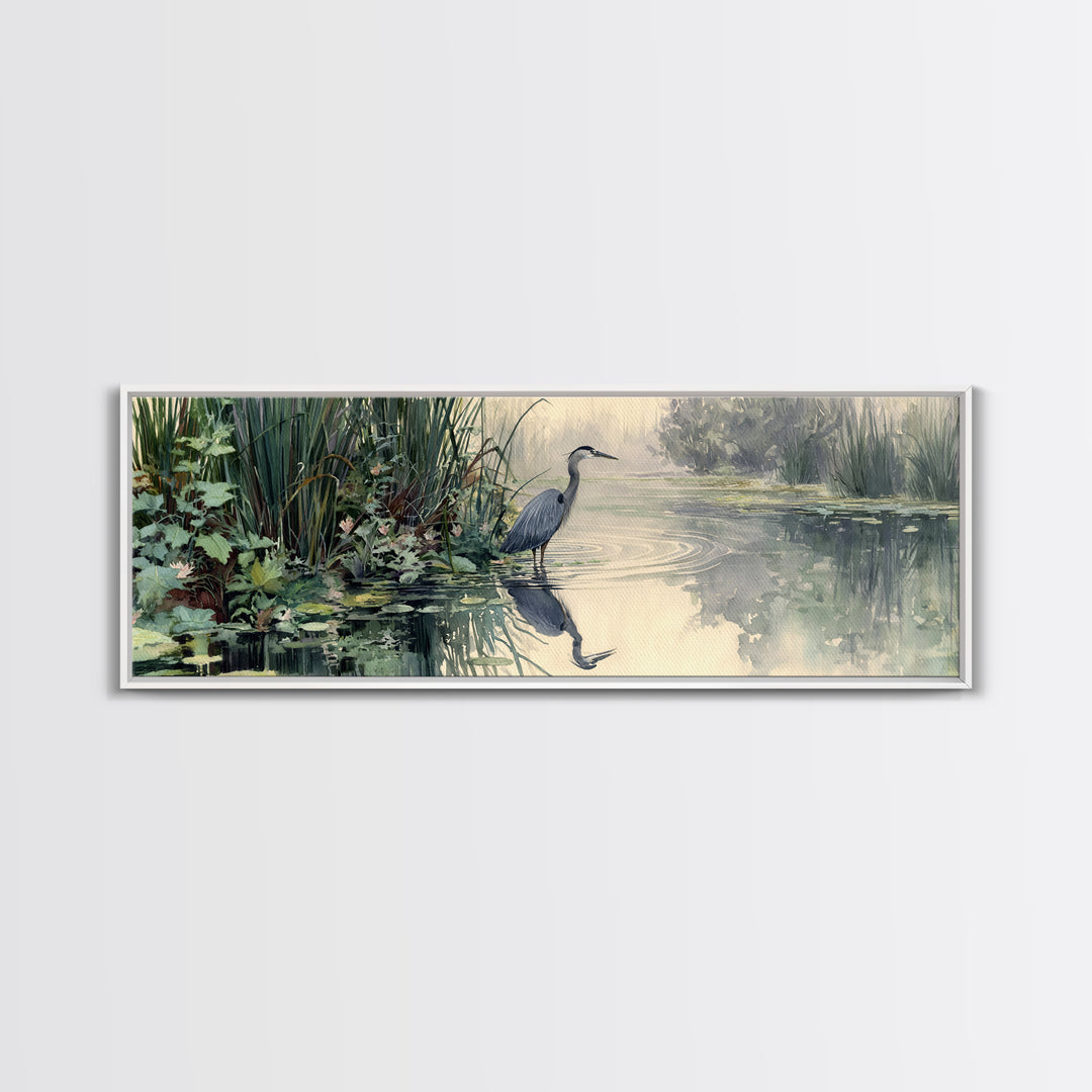 Serene Watercolor Painting Of Heron Standing In Misty Wetlands Surrounded By Lush Vegetation Wall Art