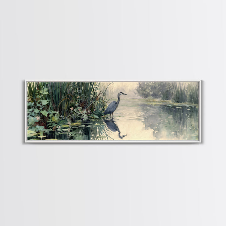 Serene Watercolor Painting Of Heron Standing In Misty Wetlands Surrounded By Lush Vegetation Wall Art