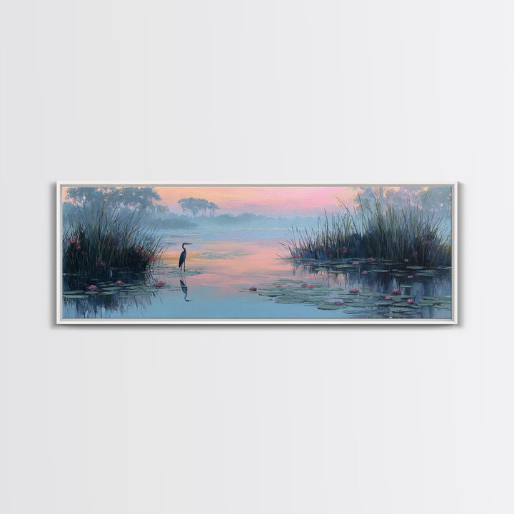 Tranquil Wetland Scene With Heron Standing Among Lilies At Sunrise Wall Art Canvas Print For Bedroom Decor