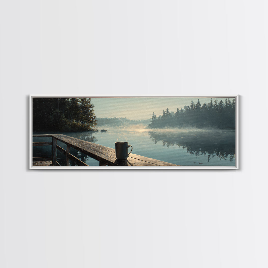 Calm Morning Lake View With Pier And Rising Mist Landscape Painting Wall Art Canvas Print Large Decor For Rustic Home And Cabin