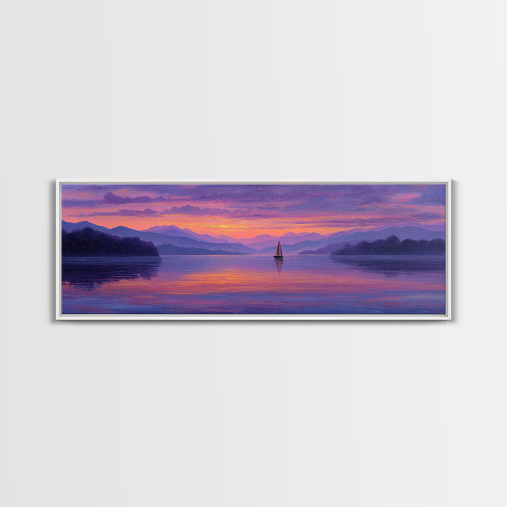 Serene Sunset Lake Landscape With Sailboat And Purple Mountains Painting Wall Art Framed Canvas Print For Tranquil Living Room Decor And Nature Lovers