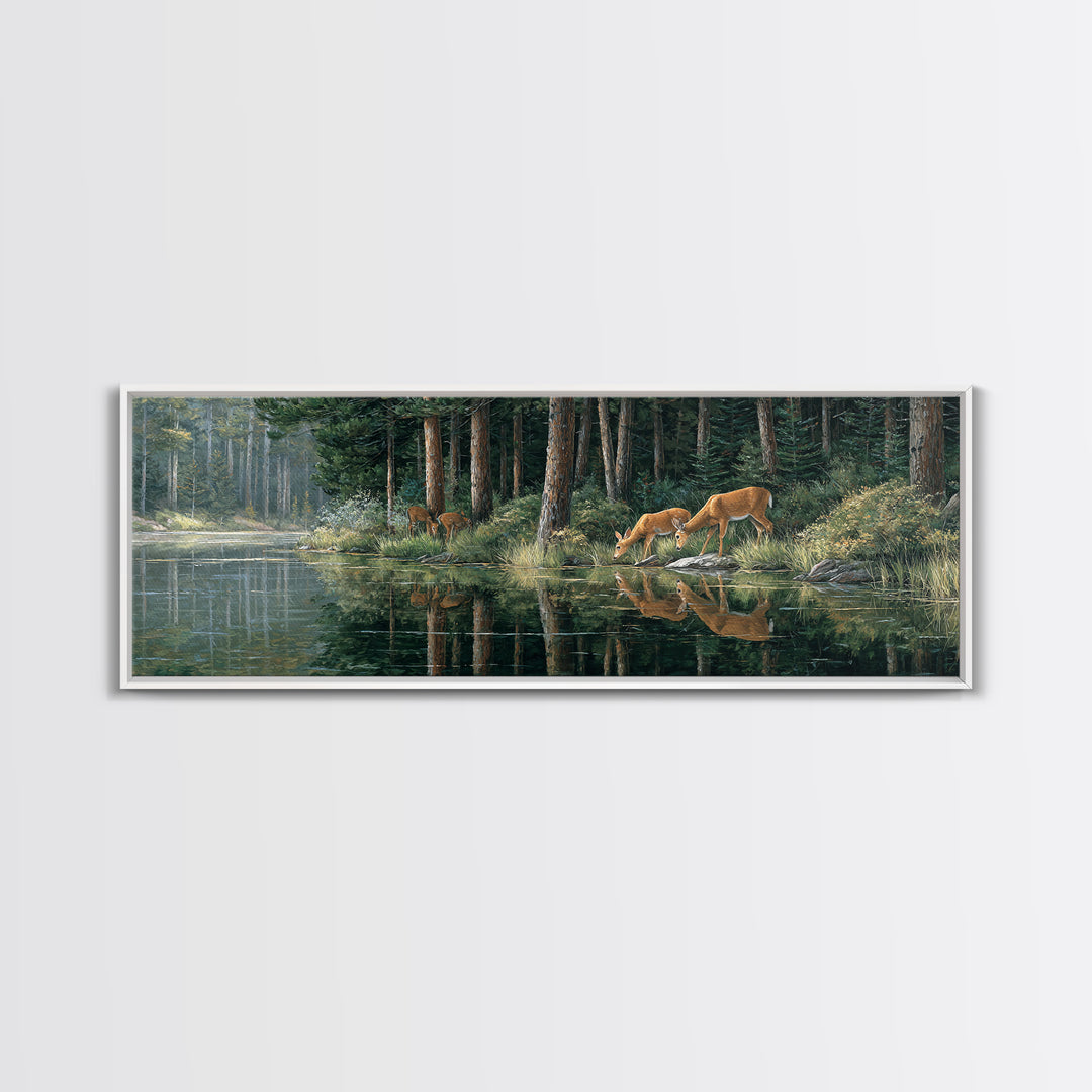 Peaceful Forest Scene With Deer Drinking By The Stream Reflective Nature Wall Art For Living Room Decor Framed Canvas Print