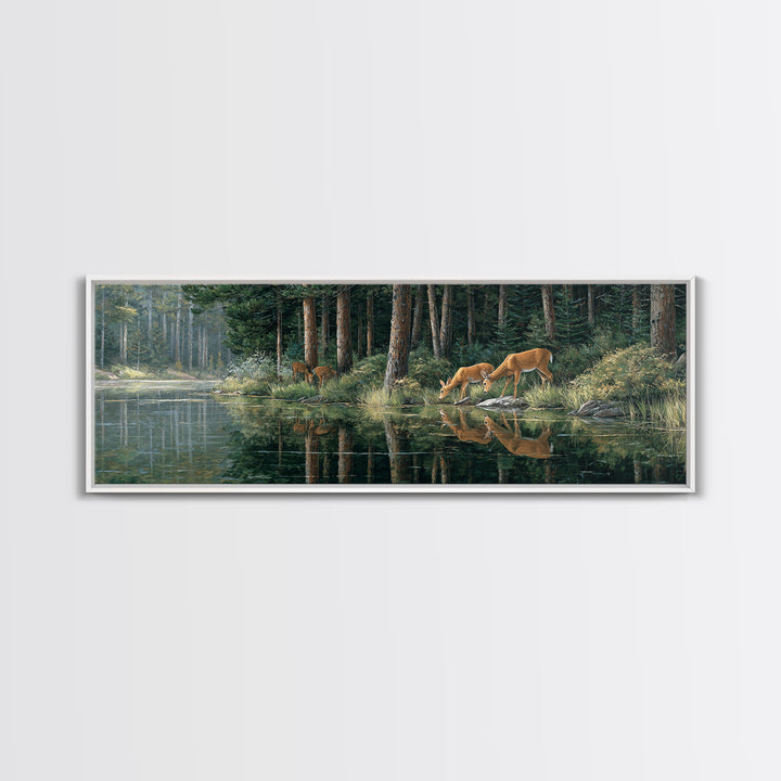 Peaceful Forest Scene With Deer Drinking By The Stream Reflective Nature Wall Art For Living Room Decor Framed Canvas Print