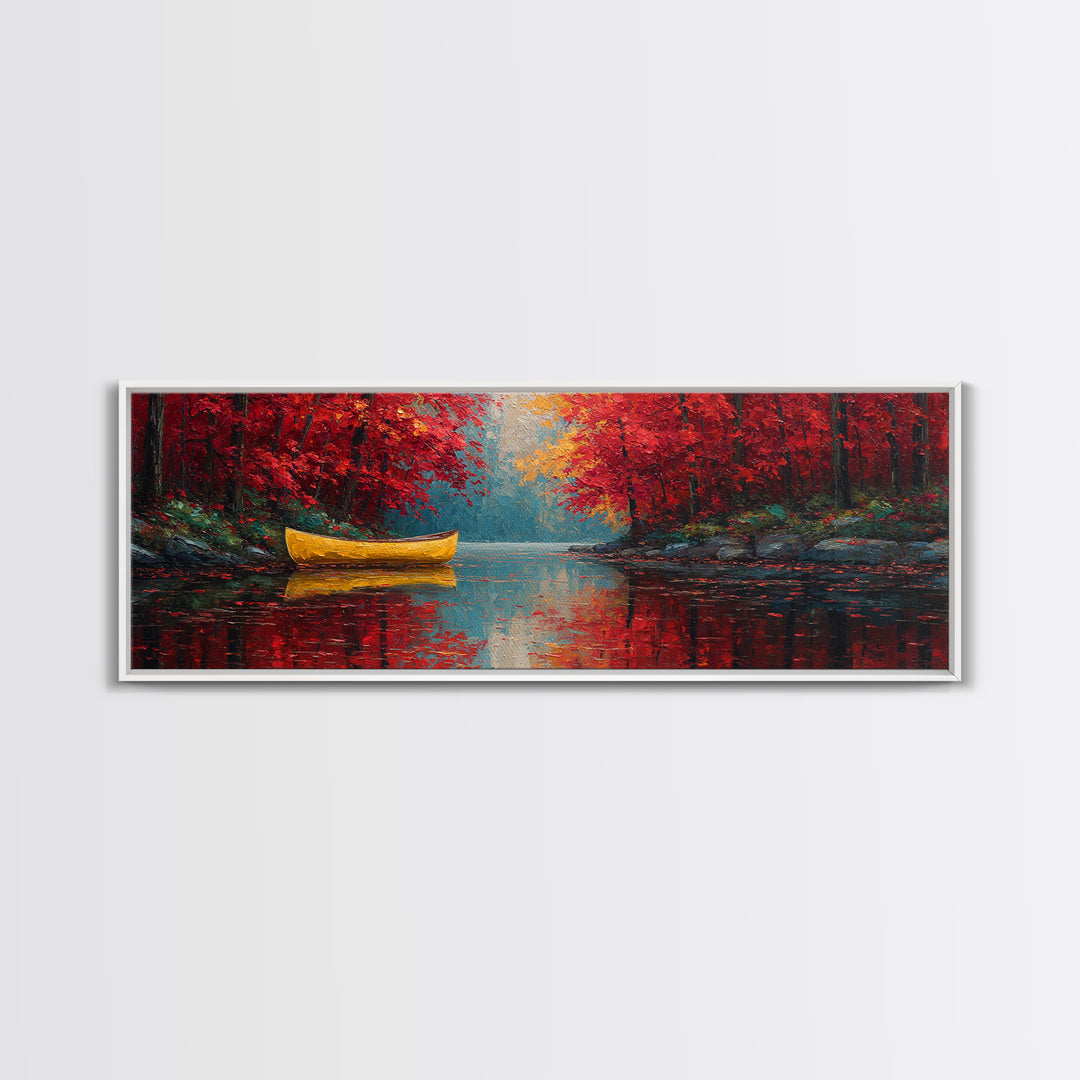 Vibrant Yellow Canoe On Calm Lake With Autumn Red Trees Framed Canvas Print Rustic Fall Wall Art