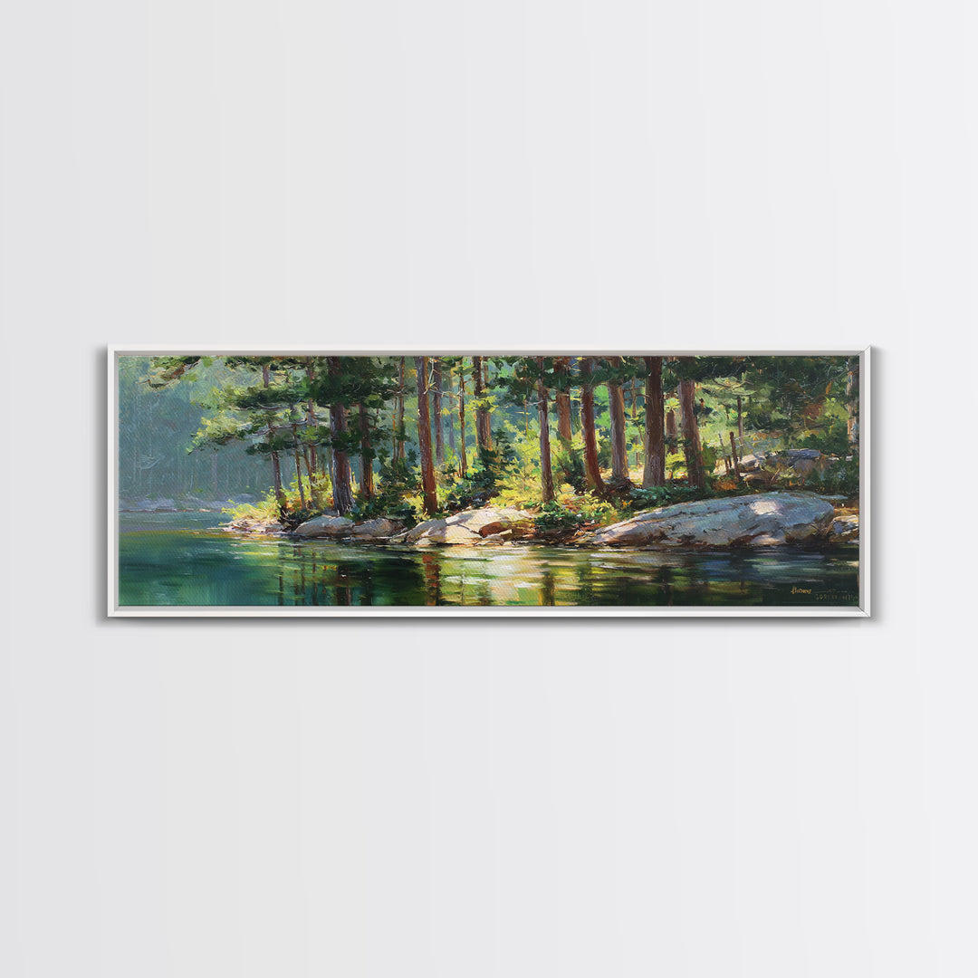 Sunlit Pine Lake Shore Wall Art, Forest Landscape Canvas Print, Nature Wall Decor, Cabin Decor, Large Horizontal Art, Living Room Decor