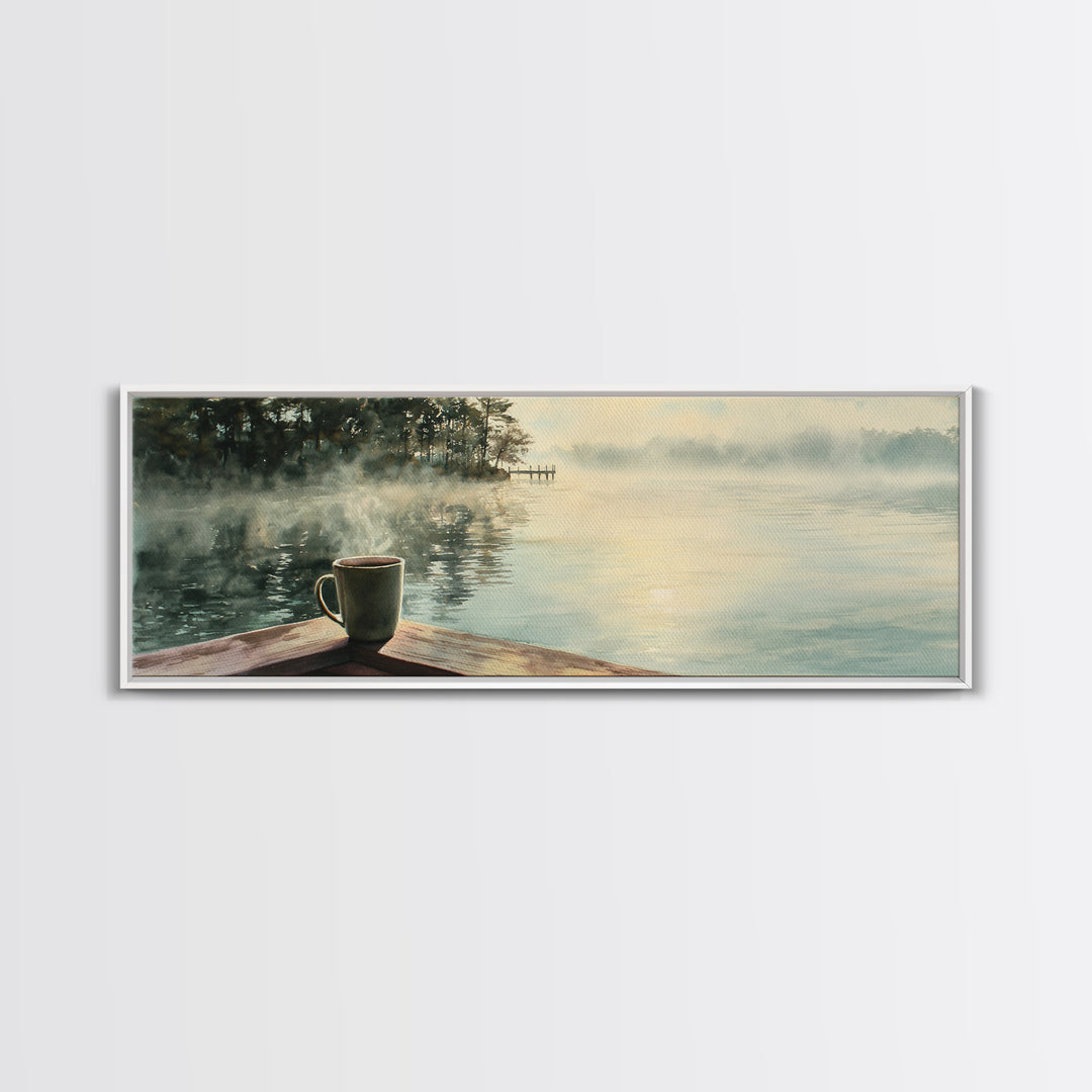 Misty Lake Coffee On Dock Wall Art, Peaceful Morning Landscape Canvas Print, Cozy Kitchen Decor, Calm Nature Wall Decor Art