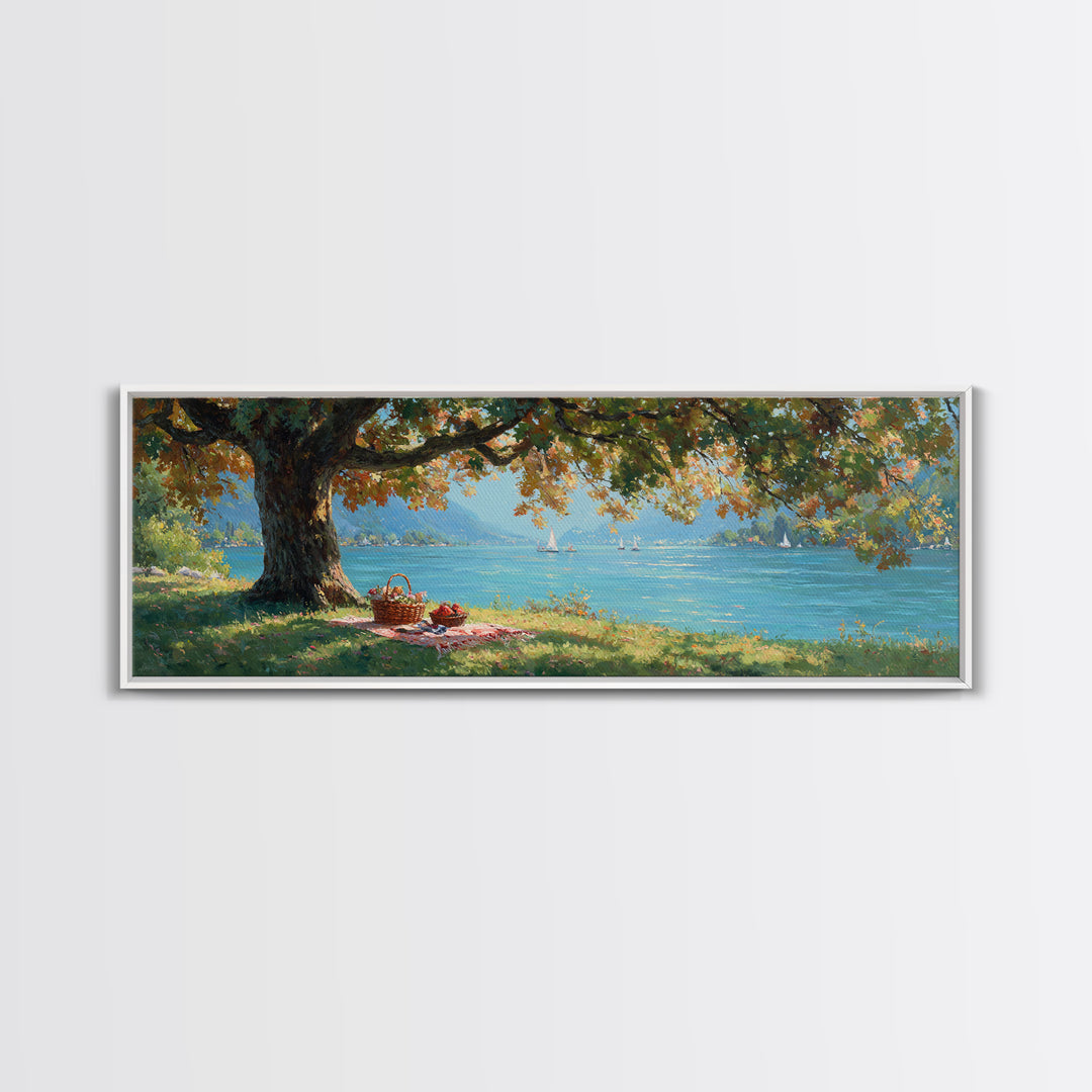 Lakeside Picnic Under Autumn Oak Canvas Print, Coastal Landscape Wall Art, Serene Nature Decor, Living Room Art, Housewarming Gift