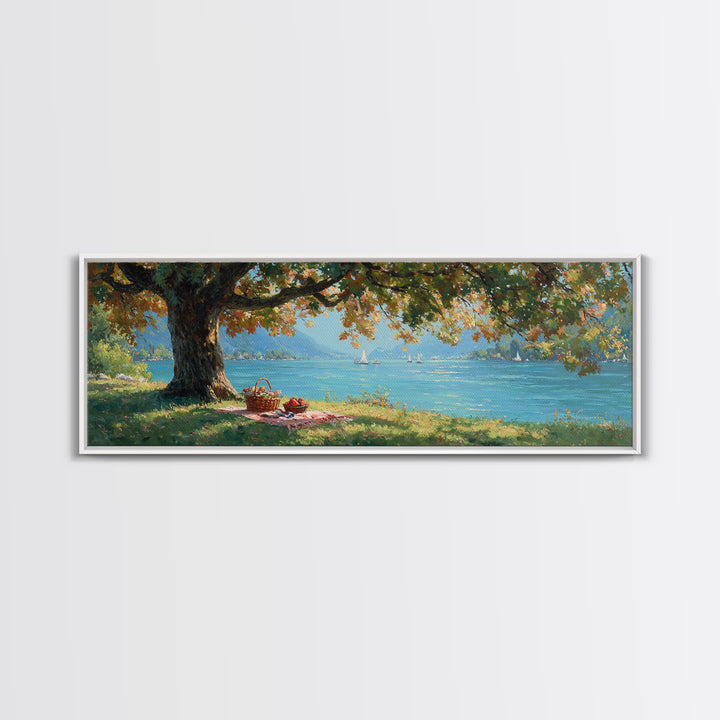 Lakeside Picnic Under Autumn Oak Canvas Print, Coastal Landscape Wall Art, Serene Nature Decor, Living Room Art, Housewarming Gift