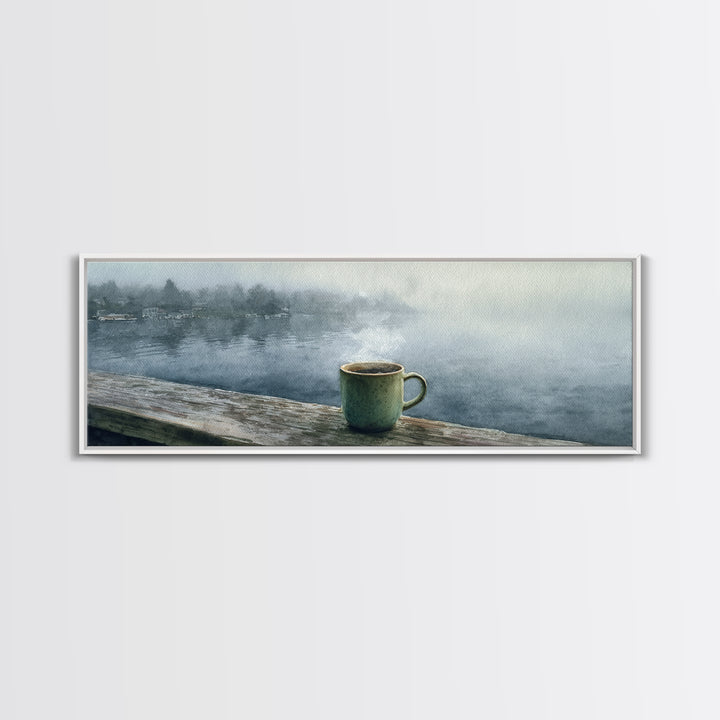 Steaming Coffee Mug On Misty Lake Wall Art, Cozy Cabin Decor, Coffee Bar Print, Rustic Kitchen Art, Serene Morning Landscape