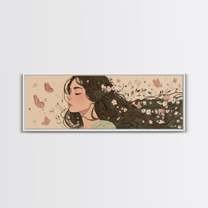 Dreamy Woman With Flowing Hair And Blossoms Canvas Print, Feminine Wall Art, Whimsical Botanical Bedroom Decor Gift For Her
